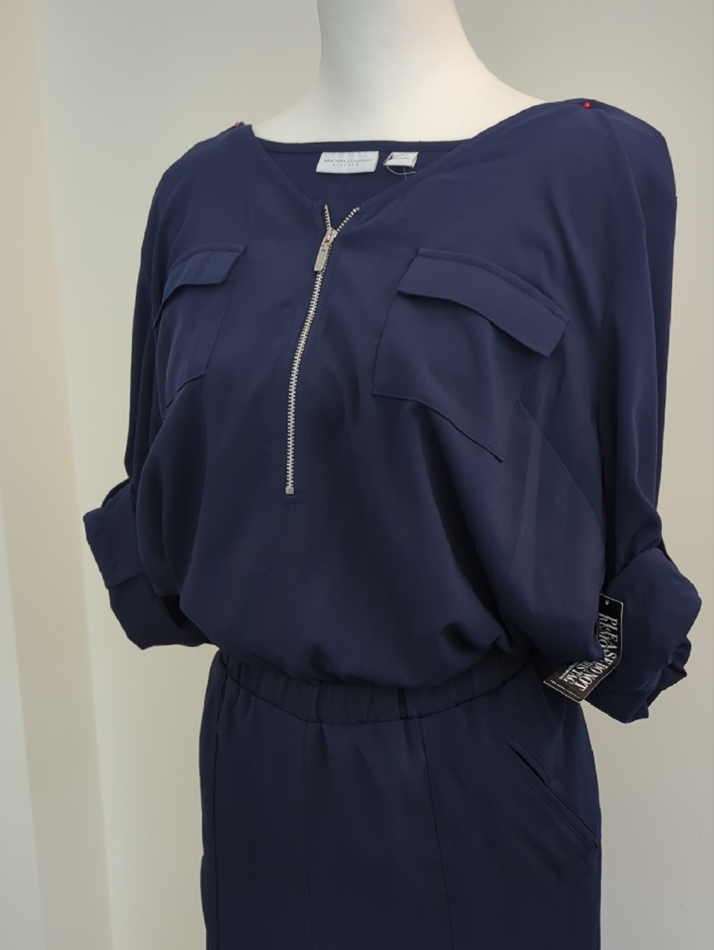 NWT New York & Company Utility Style Navy Zip-Front Blouson Wide Leg Jumpsuit - Picture 4 of 10